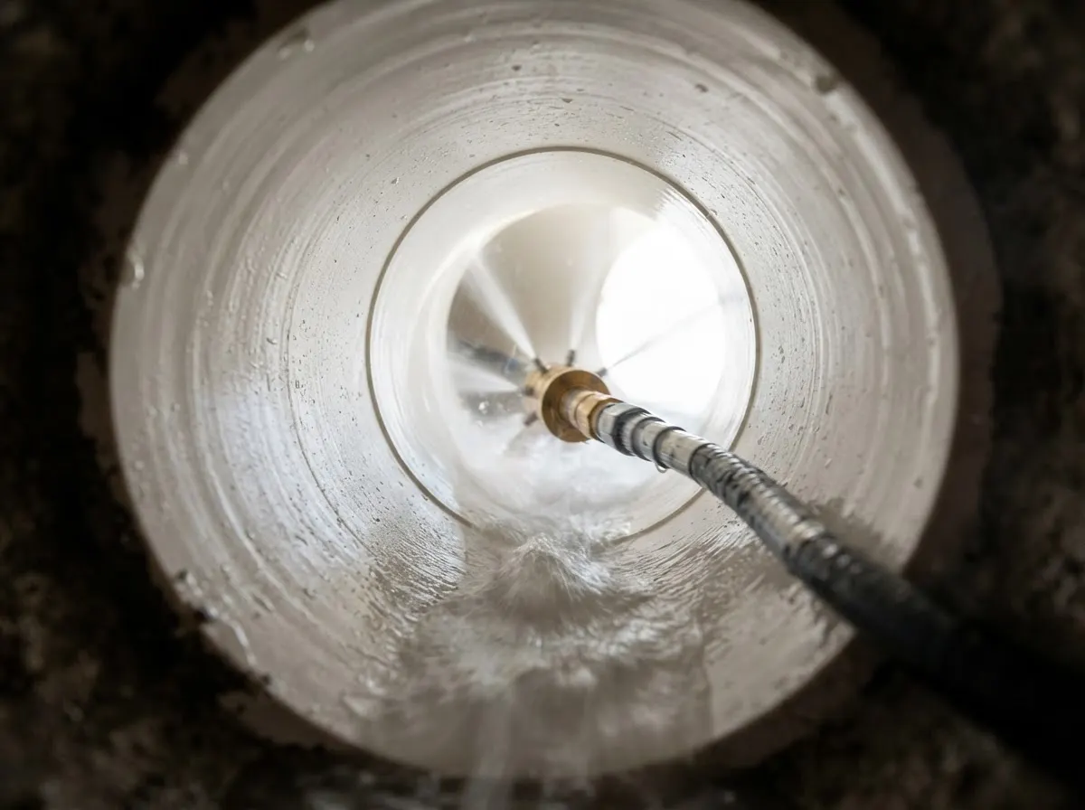 Jetting hose and nozzle inside a clean drain pipe