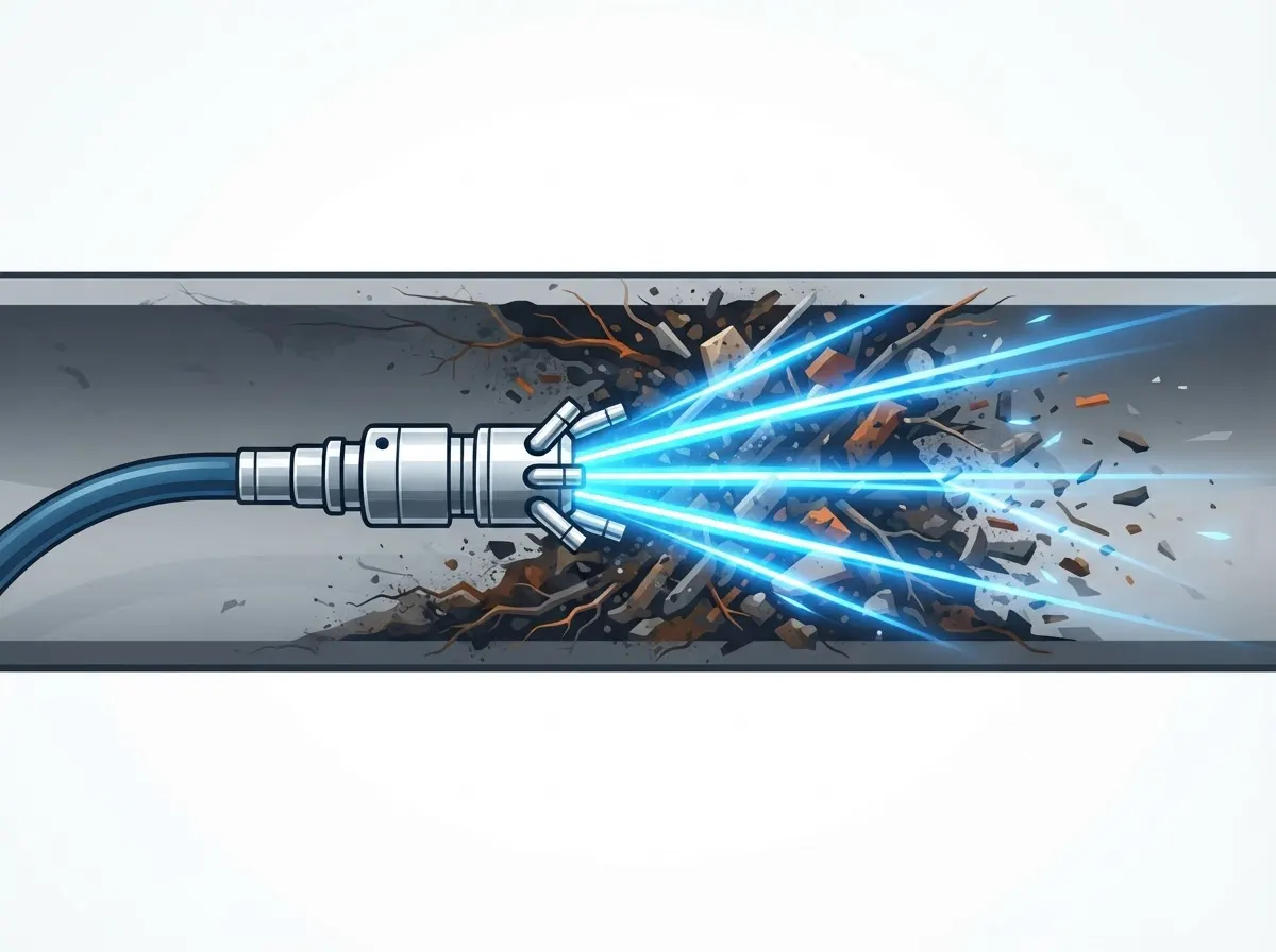 Illustration of a jet nozzle clearing buildup from a drain line